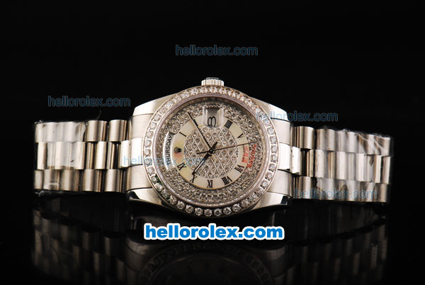 Rolex Day-Date Automatic Full Steel With Diamond Bezel and Diamonds Dial - Click Image to Close